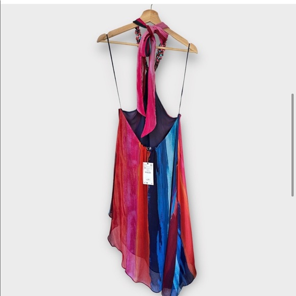 NWT ZARA Beaded Halter Neck Multicolor Chiffon Dress, size M - Picture 4 of 7